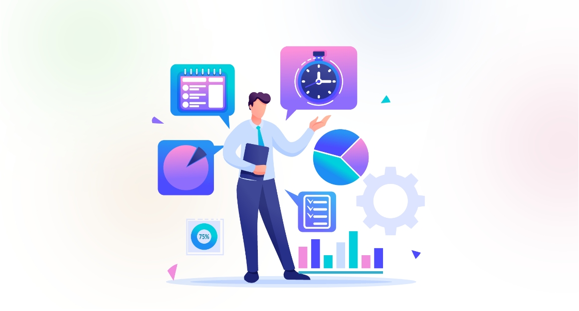 ビジネスマンの周りにビジネスアイコンとグラフがある